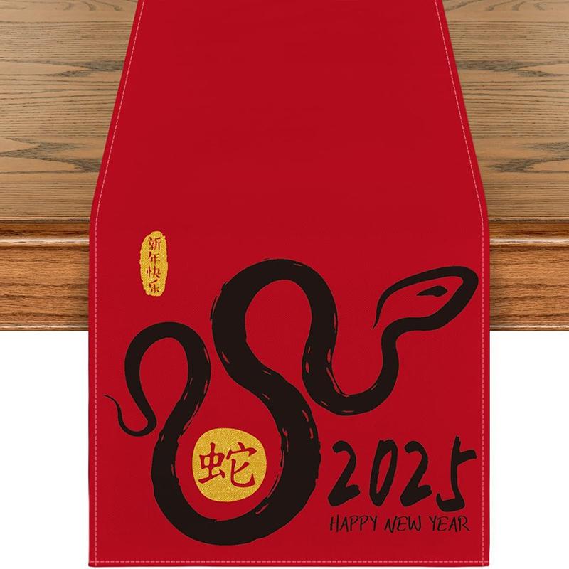 2025 Snake Year Table Runner Floral Snake Pattern Festival Party Decor Tablecloth Chinese Traditional New Year Table Covers