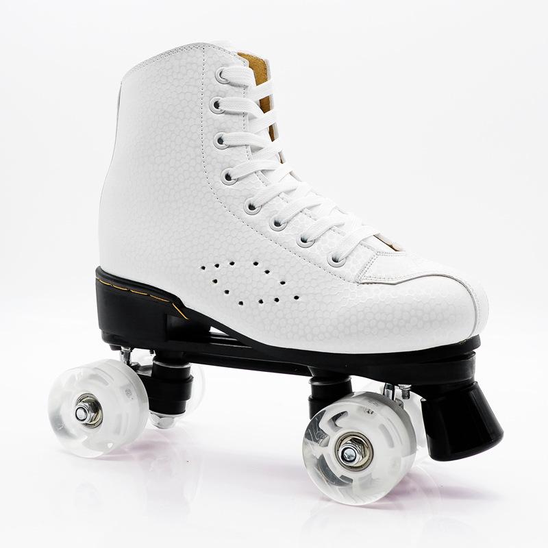 Розово-красные двухрядные роликовые коньки для взрослых с мигающими колесами - Кожаный стиль