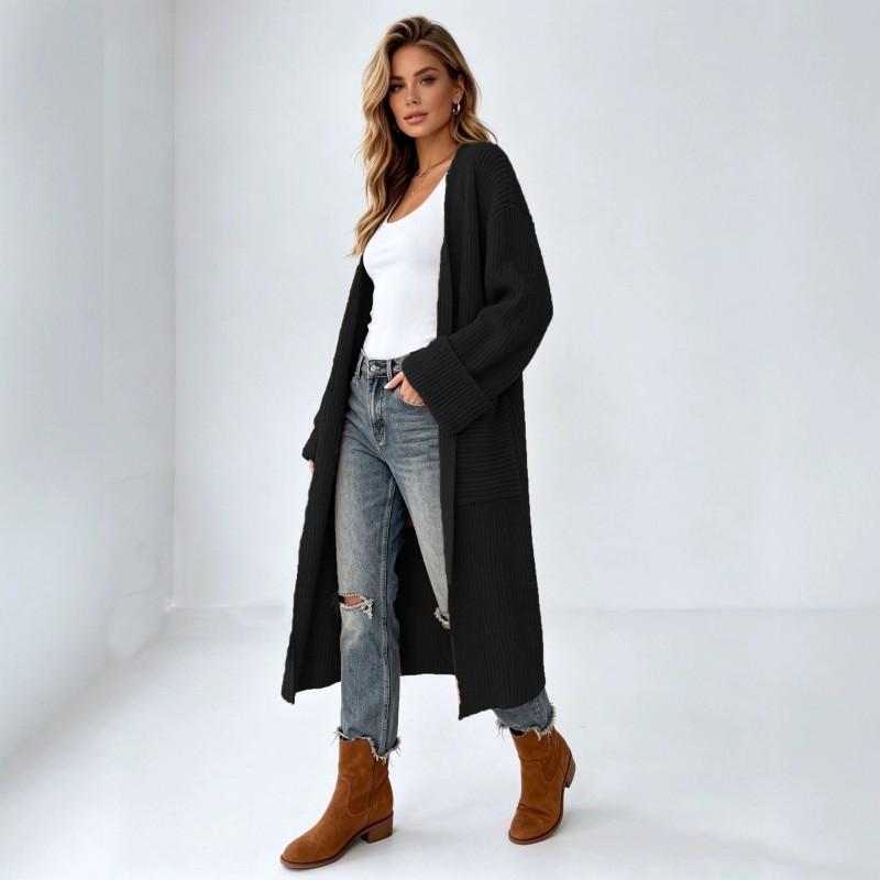 Oversized Longline Knit Cardigan With Front Pockets Roll-Up Sleeves V-Neck Loose Fit Warm Winter Sweater
