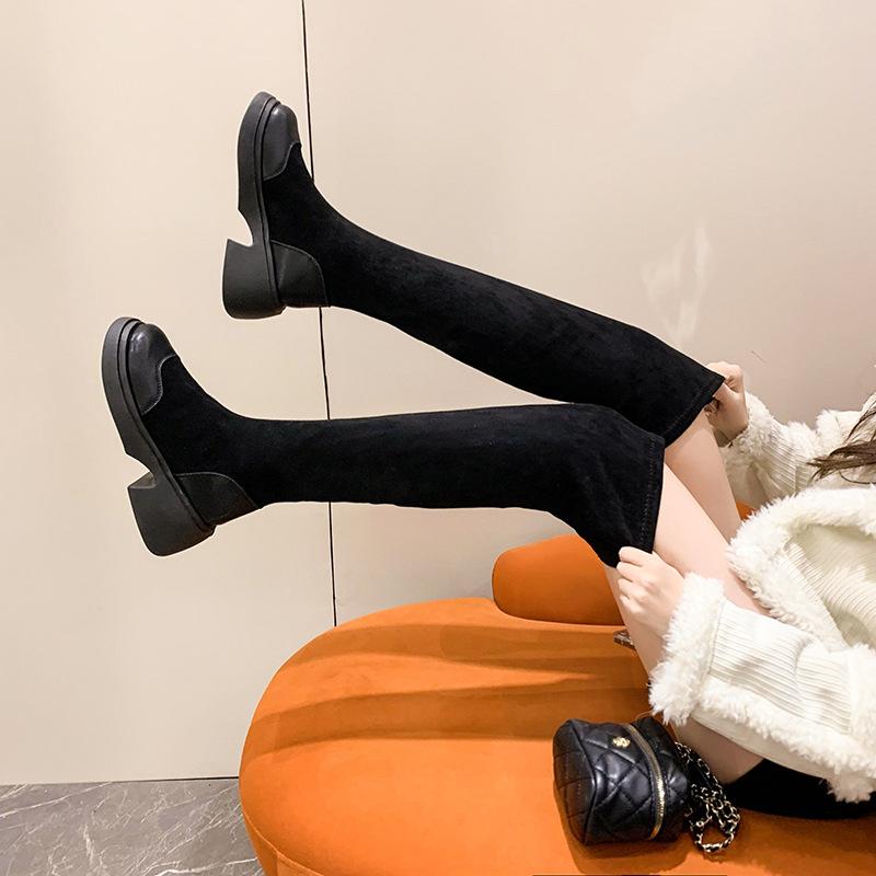 Сапоги 2025 года, осень и зима, новые замшевые сапоги на толстой подошве, с круглым носком, на толстом каблуке, модные черные эластичные тонкие сапоги