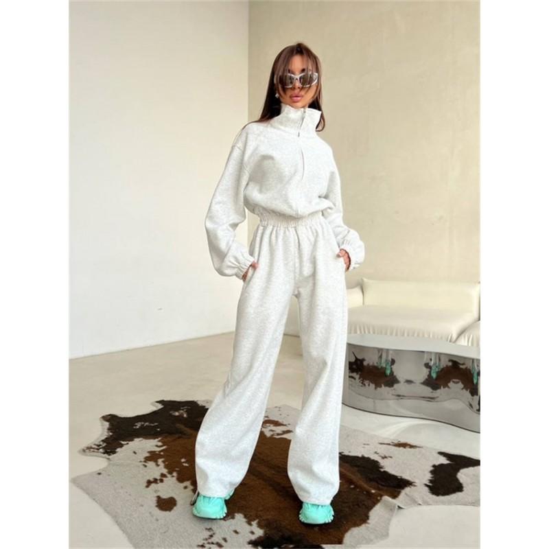 Womens Solid Color Casual Jumpsuit With Zipper Neck Long Sleeve Wide Leg Pants Street Style