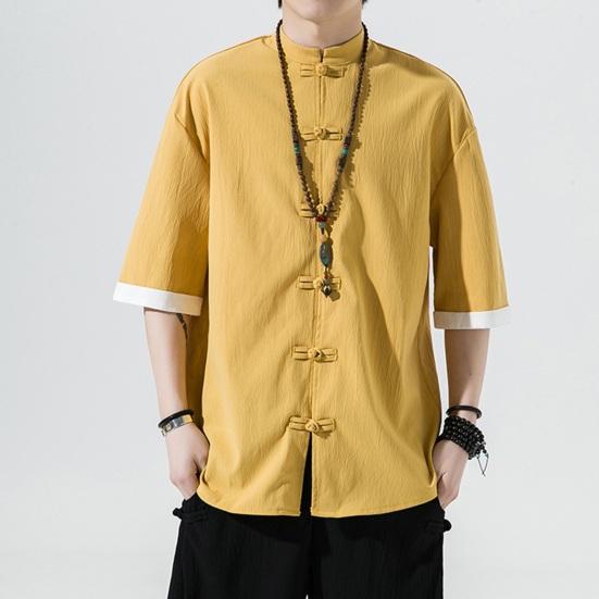 Мужская рубашка в китайском стиле, однотонный ледяной шелк, однобортный однобортный кардиган средней длины с короткими рукавами, топ, костюм Ханфу