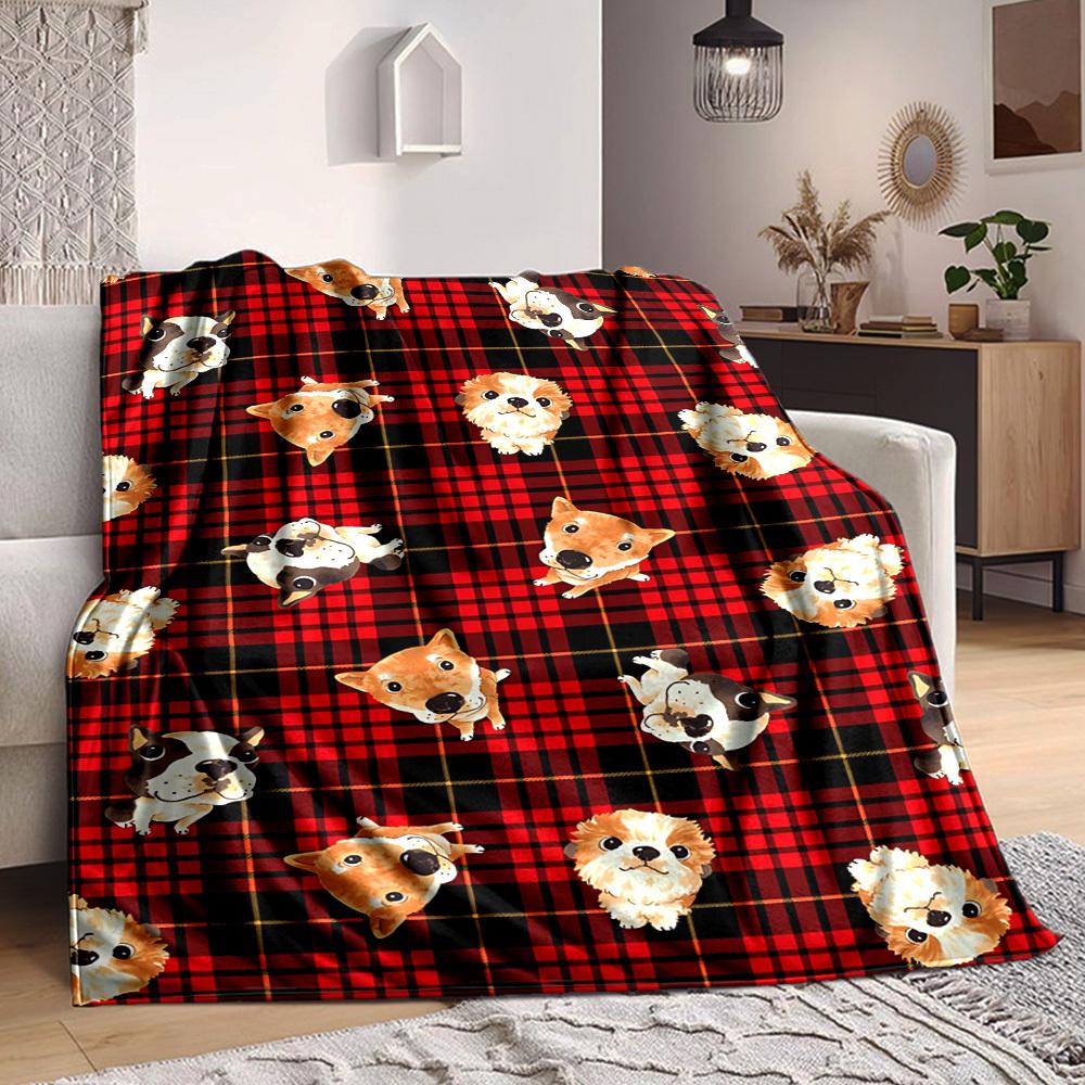 1pc Dogs Plaid Blanket, Lightweight Flannel Throw Blanket For Sofa, Bed, Travel099