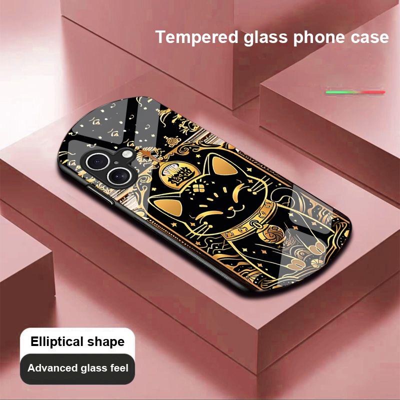 Черный Золотой Кот для Apple iPhone 16 11 13 15 14 Pro Max 12 Mini 7 8 Plus XR X XS Чехол для телефона из закаленного стекла эллиптической формы