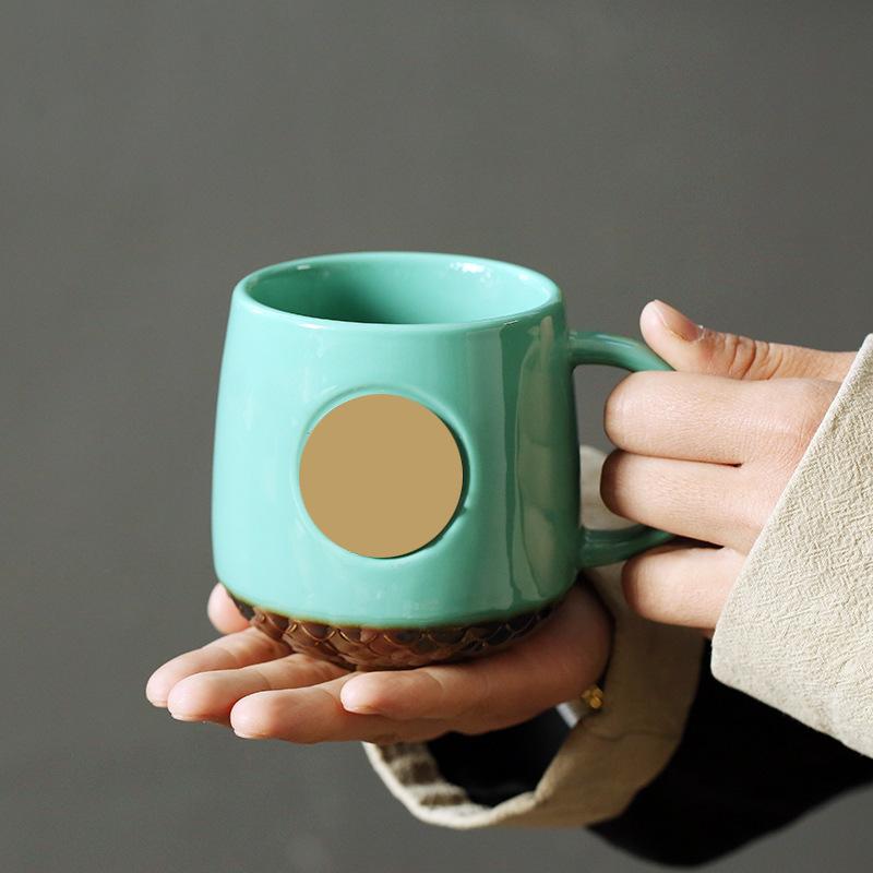 Ceramic Water Cup Mug With Copper Sheet And Bronze Medal Coffee Cup, Xingba Wind Can Print Fish Scale Milk Cup