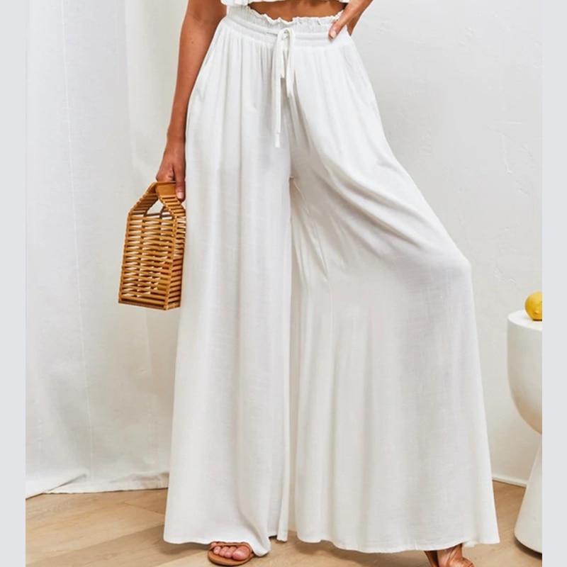 Casual Wide-leg Pants Women Loose Summer Fashion Elastic Waist Trousers Women Apricot High Waist Baggy Pants Ladies Elegant 25997