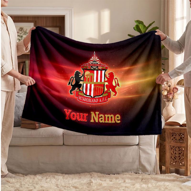 Sunderland FC Personalized Fleece Blanket With Football Logo, Custom Name Text Soft Warm Home Throw Blanket