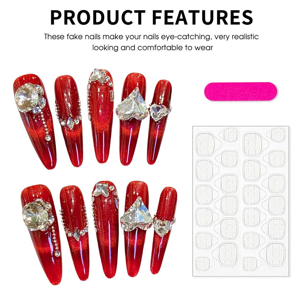 10Pcs Fine Pointed Red Tea Cat Eye Handmade False Nails For Women