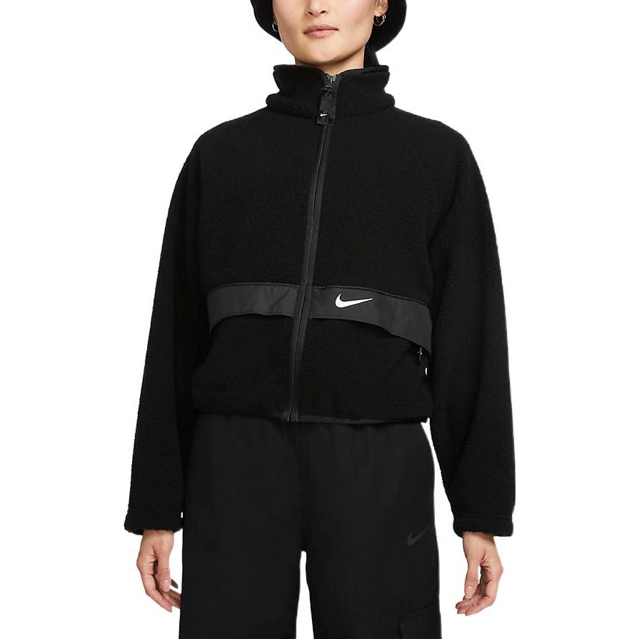 Nike Флисовая теплая однотонная короткая куртка с логотипом и воротником-стойкой, женские куртки черного цвета DO7761-010
