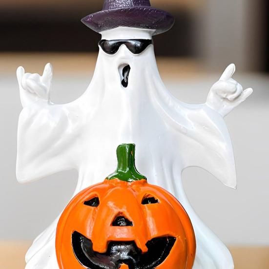 Halloween Ghost Pumpkin Statue Spooky Wizard Hat Sunglasses Ghost Resin Figurine Sculpture Holiday Party Home Desktop Decoration Ornament