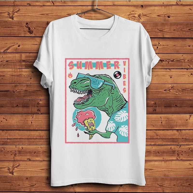 Summer Beach Vibes TRex Dinosaur Holding Ice Cream Funny TshirtWhite Casual Short Sleeve T ShirtUnisex Streetwear Tee