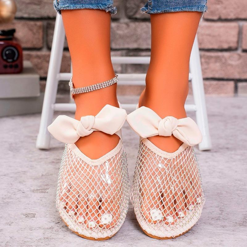 Модные женские тапочки baotou, осенние, новые, с круглой головкой, со стразами, с сеткой, полые, с бабочкой, с узлом на плоской подошве