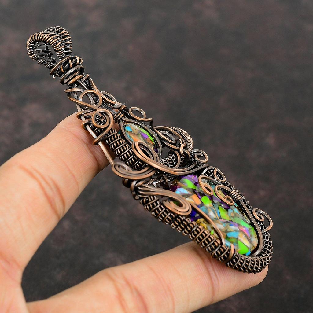 Кулон с бирюзой Кингман, обернутый медной проволокой, кулон с драгоценным камнем, ручная работа, многоцветный медный кулон с бирюзой, уникальные медные украшения для подарка