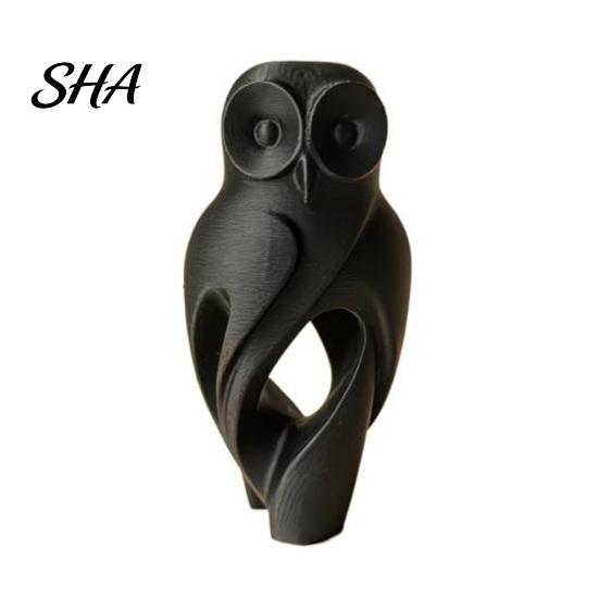 Desktop Ornament 3D Printed Owl Figurine, Hollow Modern Art Sculpture with Matte Black Finish, Minimalist Desk Decor for Home Office Bookshelf,