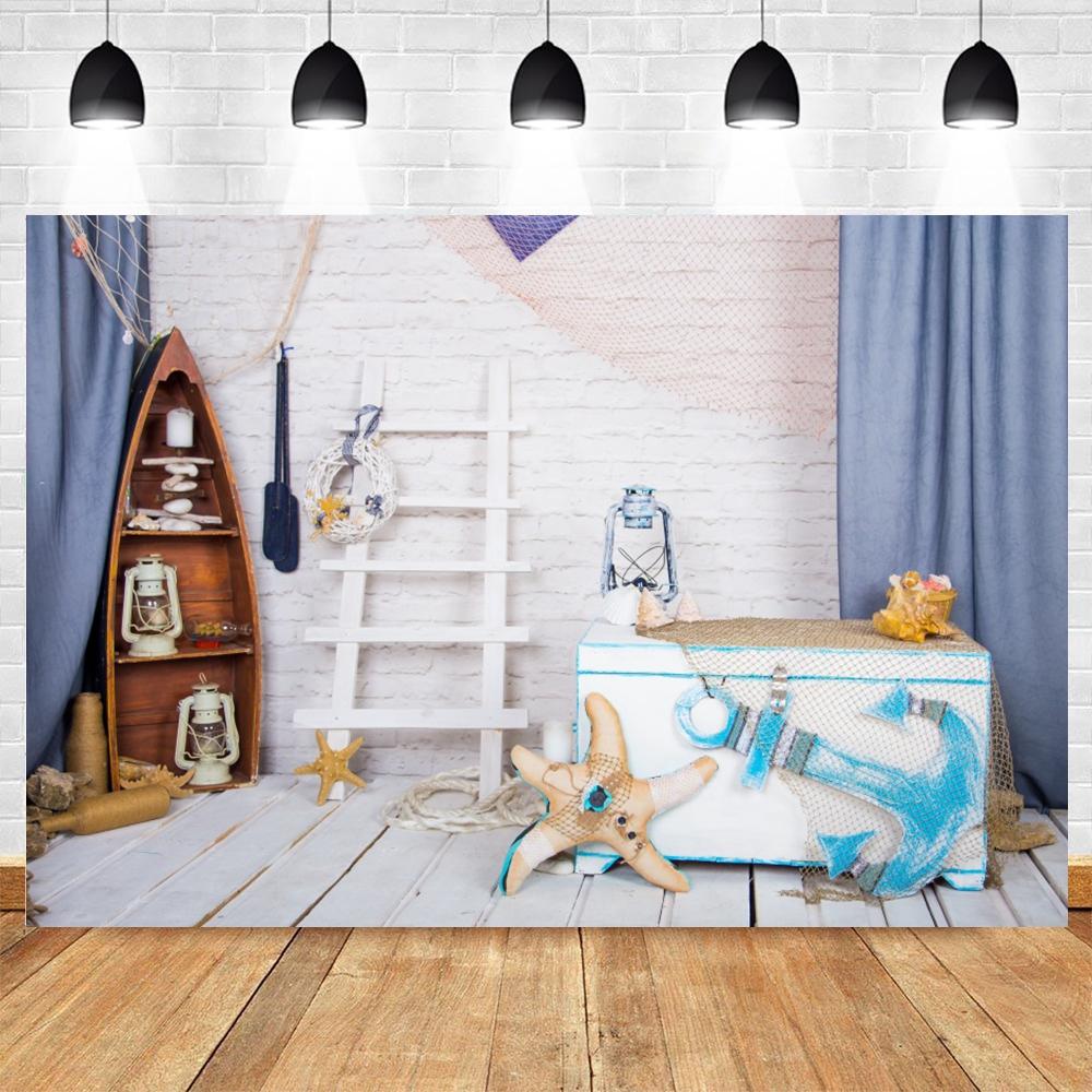 Nautical theme baby party background for photography, sailboat, boat, starfish, wooden board, sailor portrait, Photo background