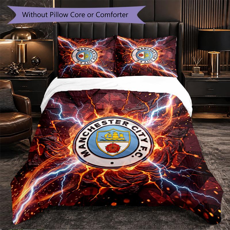 Manchester City Pattern 3 Pieces Bedding Set Soft Microfiber Duvet Cover with Pillow Cases for Bedroom