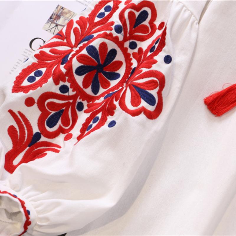 RUGOD Путешествия, отпуск, ретро, ​​этнический стиль, вышивка, кружевная кисточка, v-образный вырез, рубашка в западном стиле с рукавами-фонариками, женский свободный топ