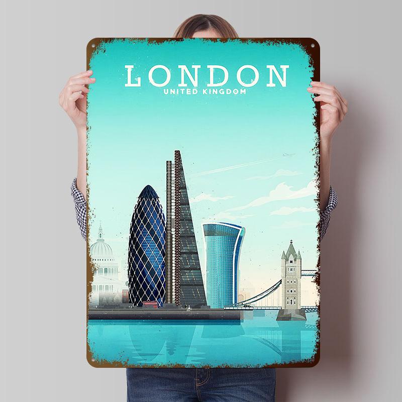 London Travel Metal Poster Custom Wall Art Retro Vintage Tinplate Signs for Man Cave Gaming Room Decoration Cozy Bathroom Decor
