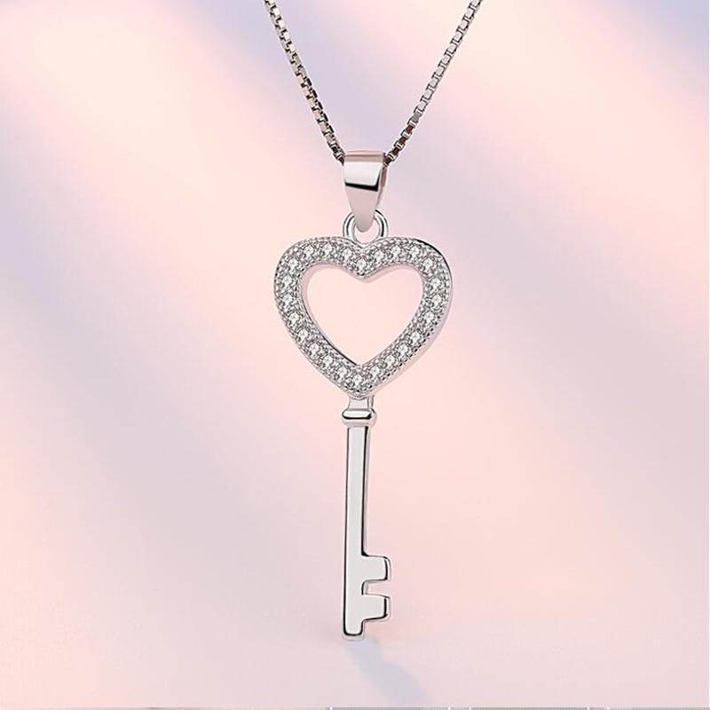 925 Sterling Silver Jewelry Cz Zircon Crystal Love Heart Key Pendant Necklace For Women Gift Chain Collares S -N74