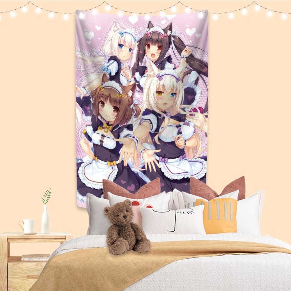 Кавайный аниме-гобелен Nekopara, напечатанный на стене, милый декор для комнаты, большая ткань для фона в общежитии, ткань для дивана, одеяло