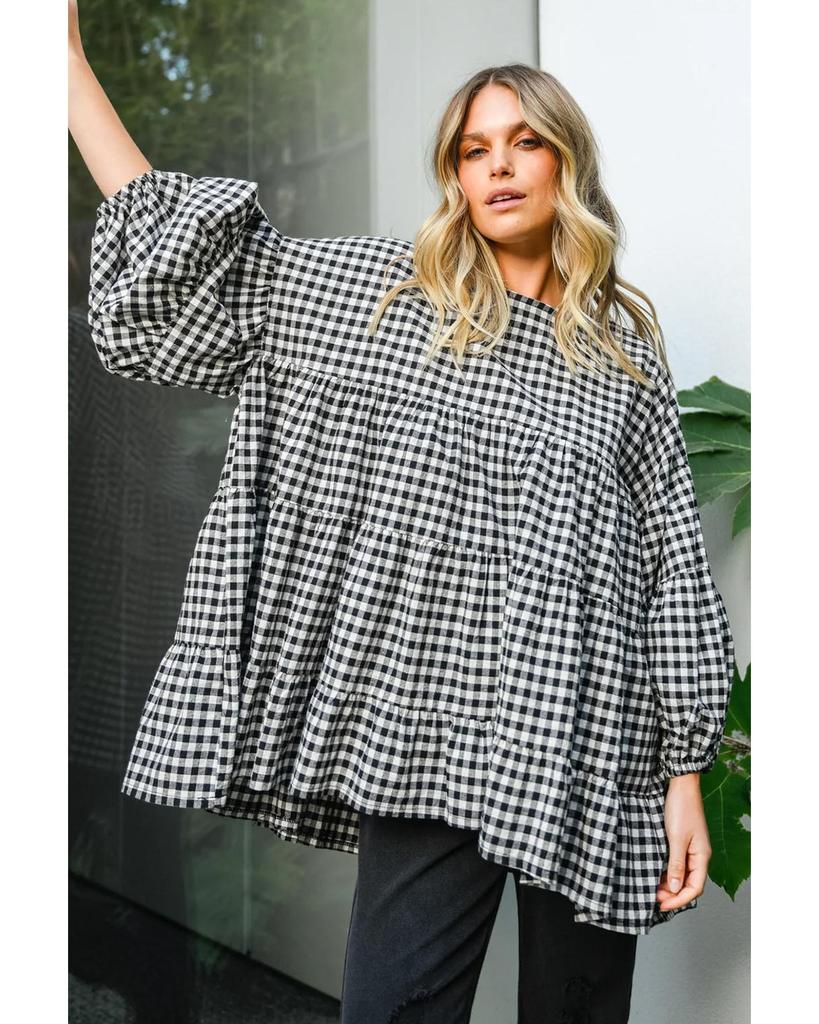 Azura Exchange Черная клетчатая свободная блузка Babydoll с рукавами-фонариками
