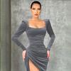 Новое женское элегантное сексуальное облегающее платье-миди с квадратным вырезом, драпировкой, высокой талией, разрезом, темпераментное, сексуальное, с квадратным вырезом, утягивающее