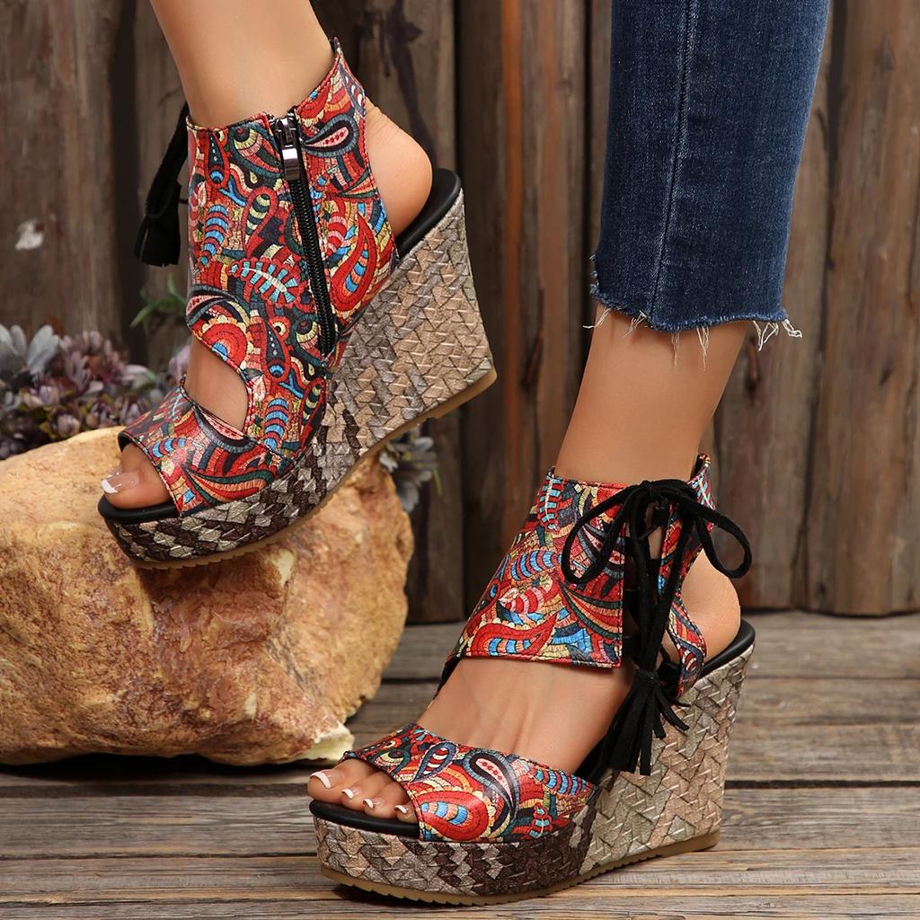 Женские Сандалии на Танкетке Повседневные Римское Плетение Водонепроницаемые Платформа Женские Сандалии Бахрома Высокий Каблук Обувь Женские Sandalias De Mujer