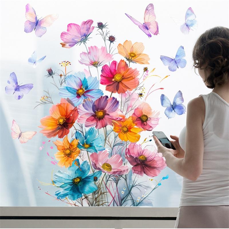 Flowers Butterfly Window Sticker Double Sided Printed Electrostatic Beautiful Spring Coming Style Bedroom Glass Decal Home Decor