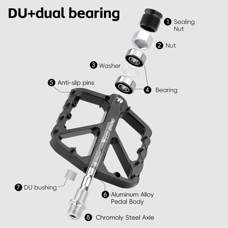 WEST BIKING Светоотражающие педали для горного велосипеда на подшипниках DU, легкие, из алюминиевого сплава, противоскользящие, для шоссейного велосипеда, плоские педали для MTB BMX