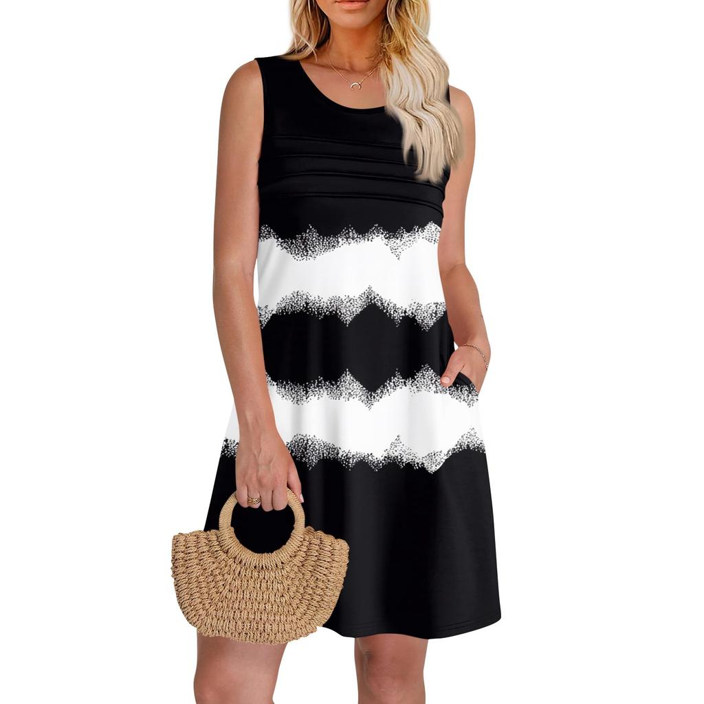 Женские летние платья с круглым вырезом, плиссировкой спереди, без рукавов, карманами, сарафаном, повседневным платьем