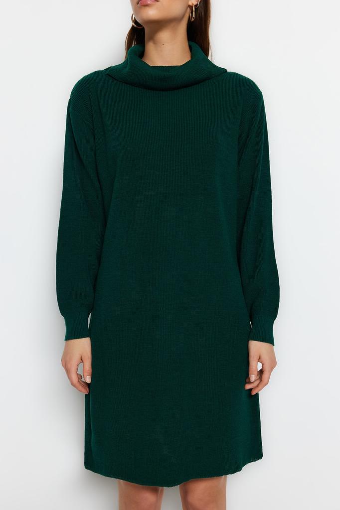 Women's Dress New Season Fashion Emerald Green Mini Knitwear Turtleneck Dress
