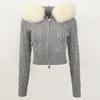 Stylish Short Knit Cardigan With Detachable Fox Fur Collar Double Zipper Slim Fit Women Fall 2025
