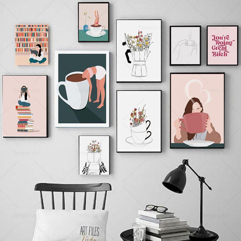Funny Girl Reading Cocktail Coffee Posters Coffee Art Print Nordic Wall Art Canvas Painting Pictures Kitchen Cafe Bar Home Decor