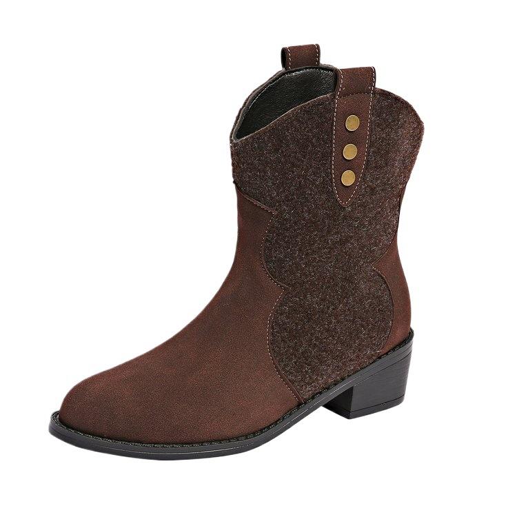 New Cow Suede Boots European and American Style Pointed Splicing Sleeve Thick Heel Medium Heel Large Size Short Boots Simple Women's Boots