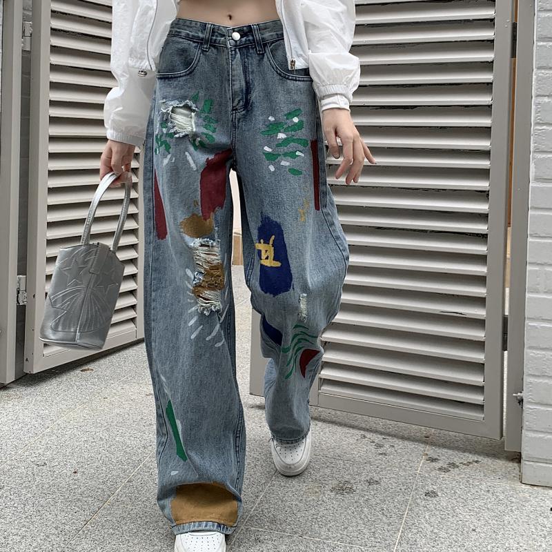 Модные красочные рваные джинсы с рисунком каракули, женские узкие прямые брюки с высокой талией, широкие брюки, женские винтажные синие повседневные джинсовые брюки, женские 24247