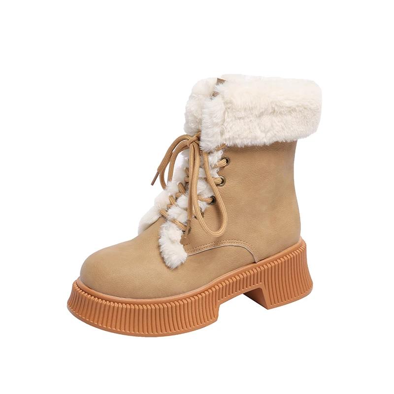 Шерстяная смесь Мех Спилок коровьей кожи Круглый носок Зимние теплые Снежные ботинки Толстая подошва Панк-стиль Милая красота Ботильоны