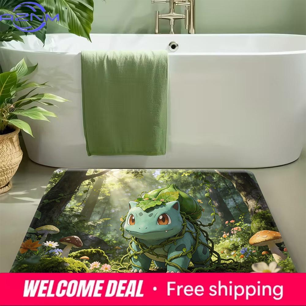 Cute Bulbasaur Entwined with Vines in Sunlit Forest Print Non-slip Doormat, Soft Absorbent Floor Rug for Home Decor