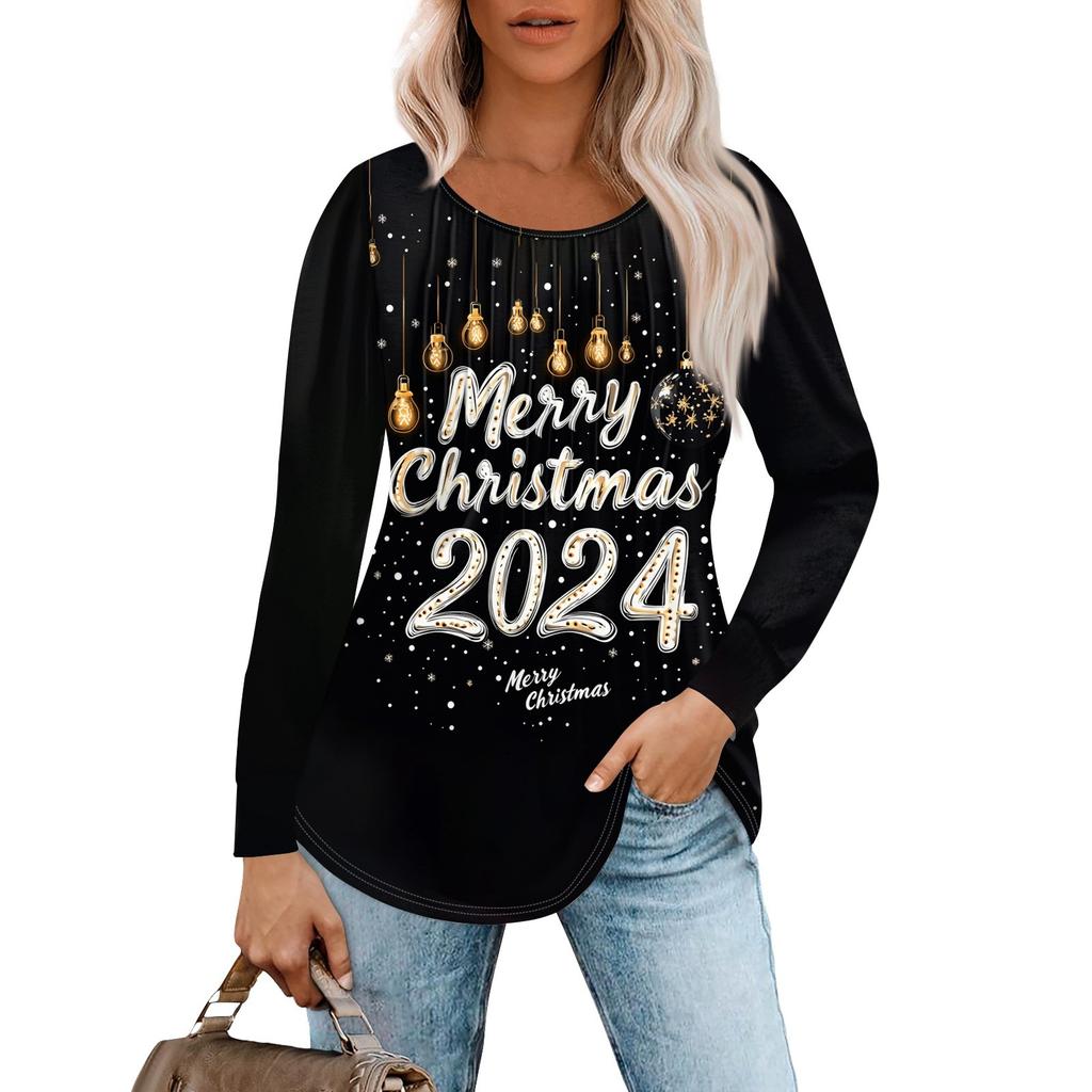 Женская повседневная футболка с круглым вырезом и длинными рукавами с рождественским принтом и складками