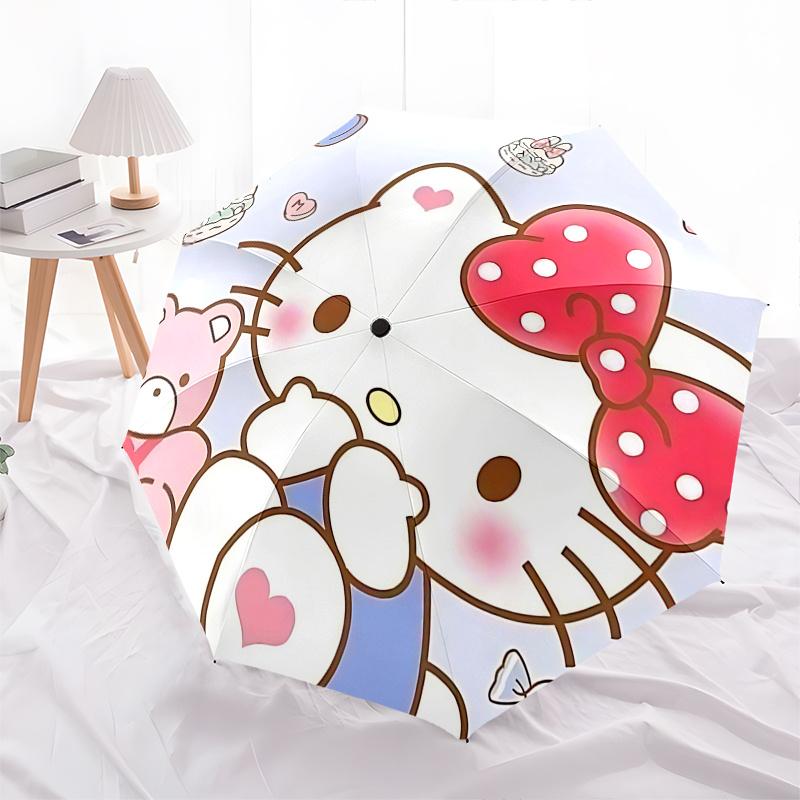 1pc Hello Kitty Automatic Opening/Closing Umbrella with Polka Dot Bow - Portable Three-Fold Design, 8-Bone Iron Frame Outdoor Umbrella for Fans, Trave