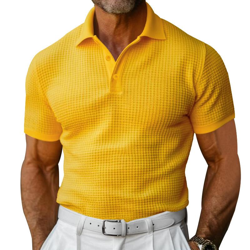 Premium Waffle Polo Shirt for Men Summer Heavyweight Short Sleeve Solid Color Collared Tee