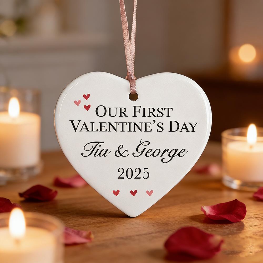 Personalised Our First Valentine's Heart Ornament Ceramic Hanging Love Valentines Day for Him Her Wife Husband Newlywed Couple