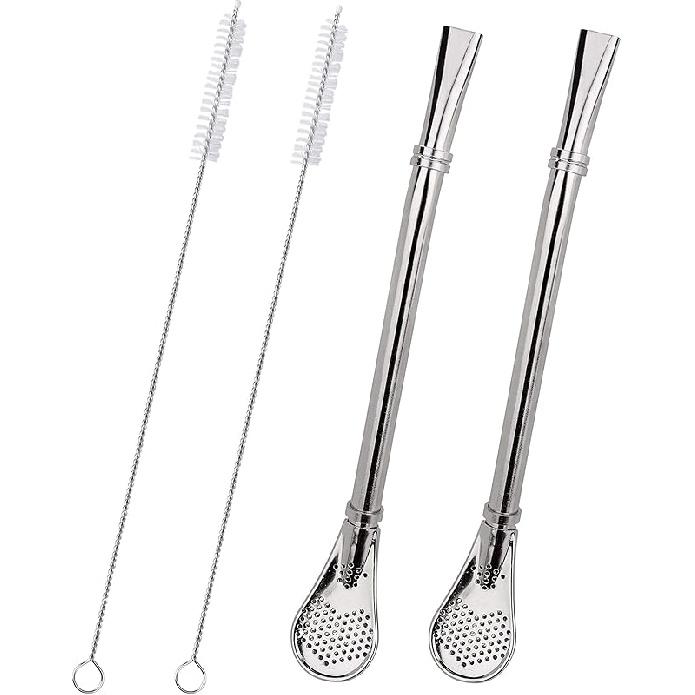 Bombilla Mate Yerba, 2 Pack Bombilla Yerba Mate Straw Filter, 2 in 1 Metal Straws Reble 304 Food-Grade Short Stainless Steel Straws Spoon Straw 6.2