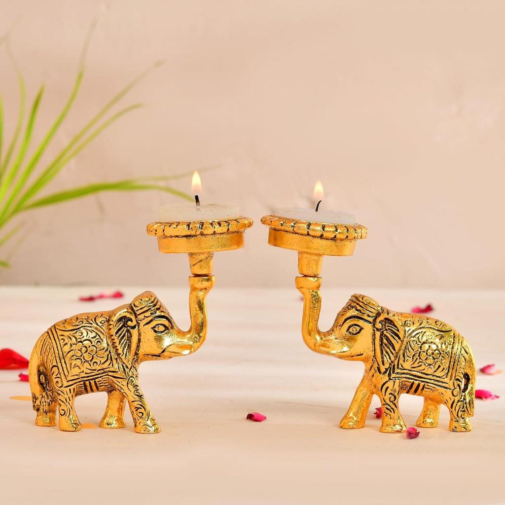 Elegant Metal Elephant Candle Holder Set of 2 - Perfect Home Decoration Diwali, Intricate Design Tealight Candle Holders for Office Decor Home Decor,