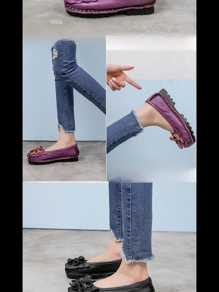 Женские балетки Xinrui в стиле ретро из натуральной кожи с мягкой подошвой — ручная работа, удобные, с неглубоким вырезом