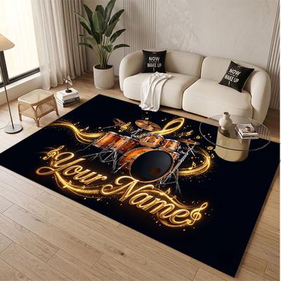 Music Drums Theme Soft Crystal Velvet Rug Custom Name & Text Print Non Slip Floor Rug for Bedroom Living Room