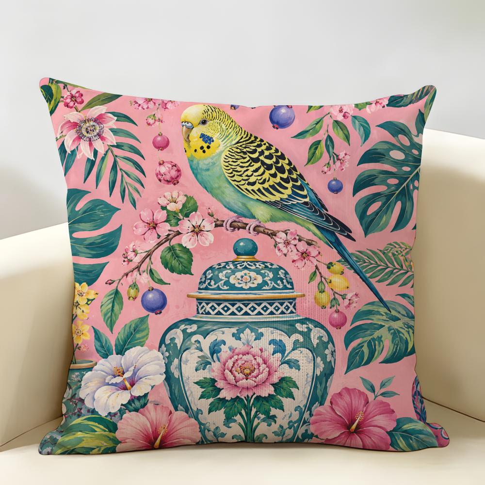 Chinoiserie Monkey Holding Blue Umbrell Cushion Cover Durable Hypoallergenic Organic Linen Pillow Cover Washable SkinFriendly