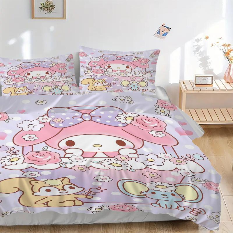 3 шт. Комплект постельного белья с рисунком My Melody и маленьких животных, 1* Пододеяльник + 2* Наволочки, Печатный комплект постельного белья, Мягкий и удобный. W068