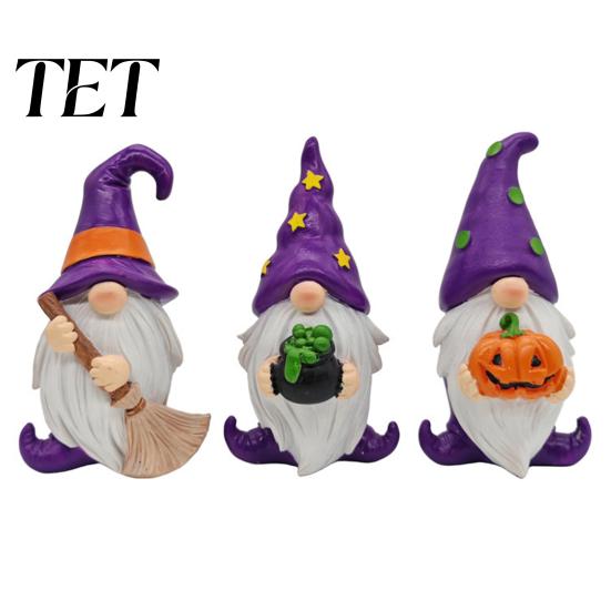 Hand Painted Desktop Figurines Halloween Gnome Resin Figurine, Broom Cauldron Pumpkin Dwarf Cute Cartoon Wizard Gnomes Statue for Desk Shelf,