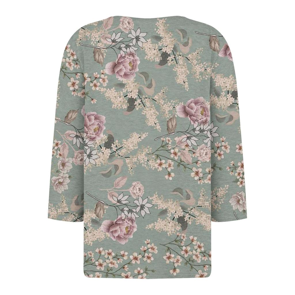 Жен. Футболка Футболка С принтом Пуговицы Рукав 3/4 Повседневные Выходные Мода Классический Классический V-образный вырез Обычный Верх