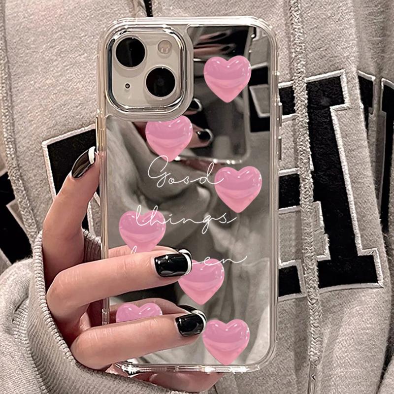 Розовый чехол-зеркало с узором в виде сердечек для iPhone 17 16 Plus 15 14 11 12 13 Pro Max 17E 16E Ударопрочный мягкий защитный задний чехол